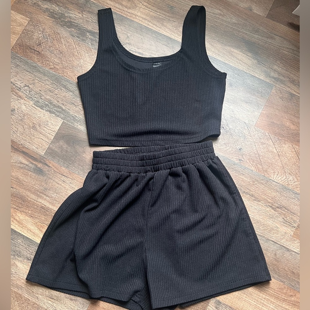 Black Ribbed Tank Top and Shorts Set